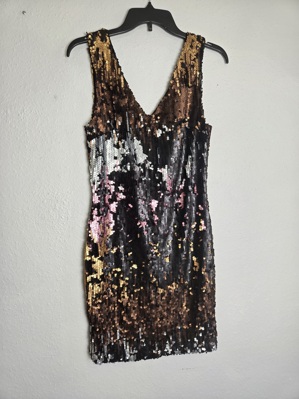 monaco Black, Gold & Pink Sequin V-Neck Mini Dress
